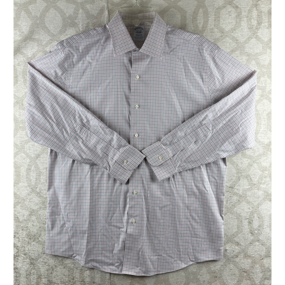 Brooks Brothers Non-Iron Stretch Mens 15.5 32 Regular Fit Check Dress Shirt Blue